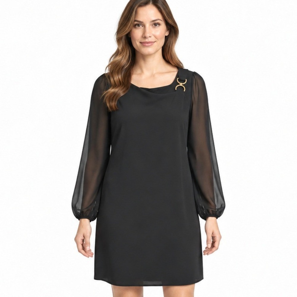 Ivanka Trump Black Cold Shoulder Rhinestone Shift Dress Size M* Sheer Sleeve